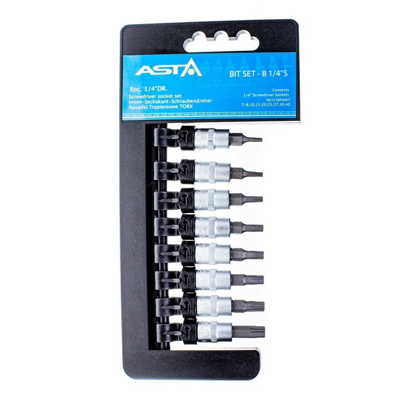 ASTA BIT SET-8 1/4"S 8pc Star/ Torx® Socket Bit Set 1/4" Drive & Storage Rail (Cover)